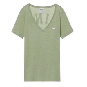 PINK Sage Green V Neck Logo Short Sleeve
